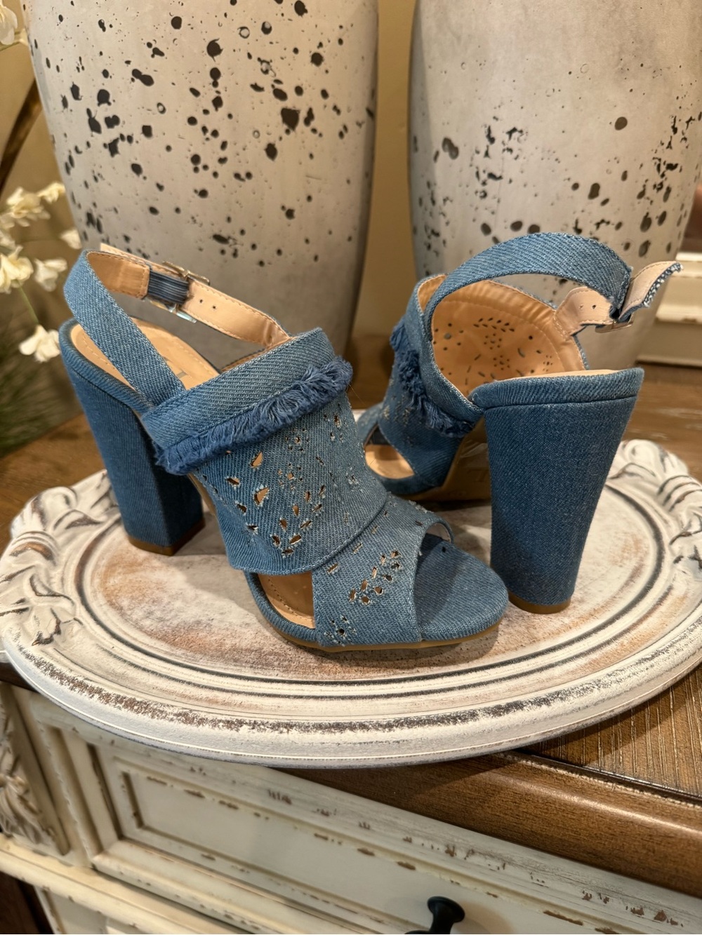 Denim Block Heel Sandals - Blue